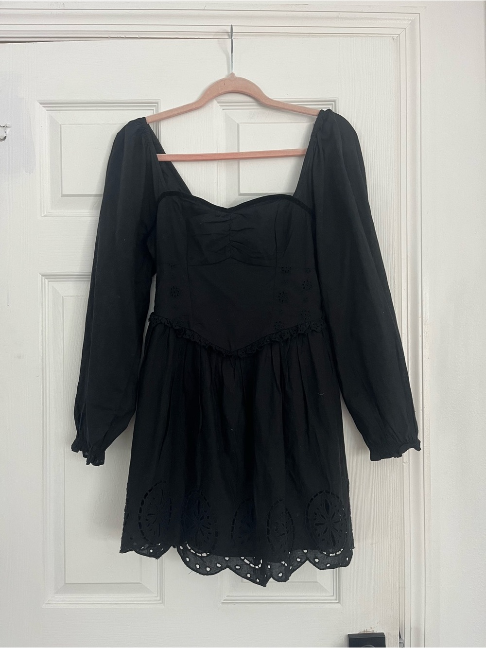 New American Eagle Outfitters Black Long Sleeve Eyelet Mini Dress